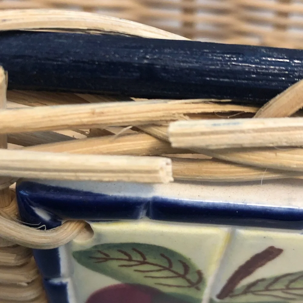 Grandmacore Wicker Basket with Handles  & 3 Painted Apples Tile  15” x 7” x 6”